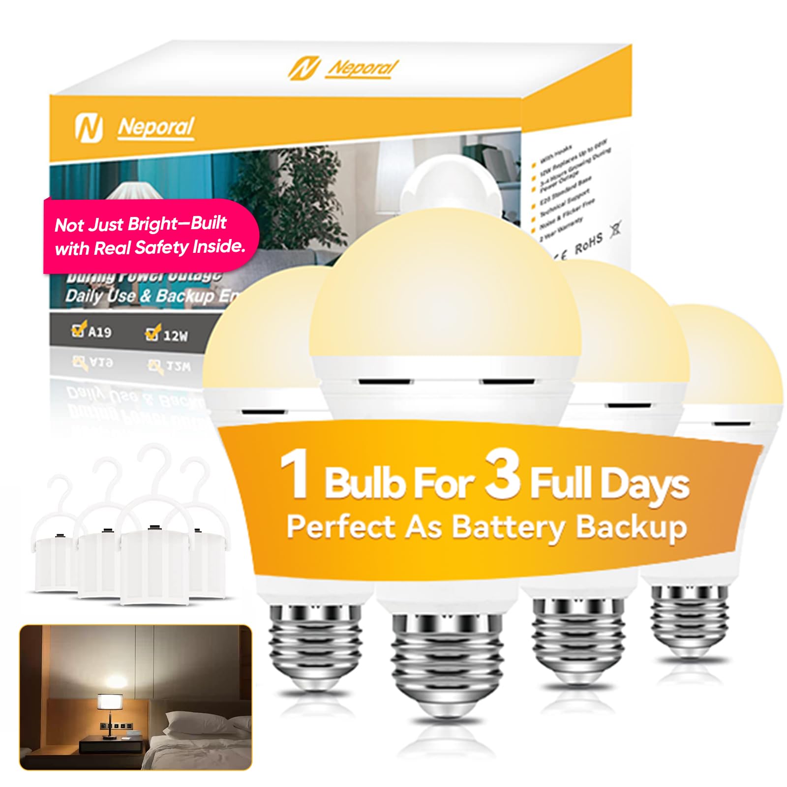Neporal LITE PRO Rechargeable Light Bulbs, 2600mAh Large Battery Backup Light Bulbs, Perfect As Emergency Lights for Home, Hurricane Prepareness Item, E26/E27 (Soft White-2600mAh)