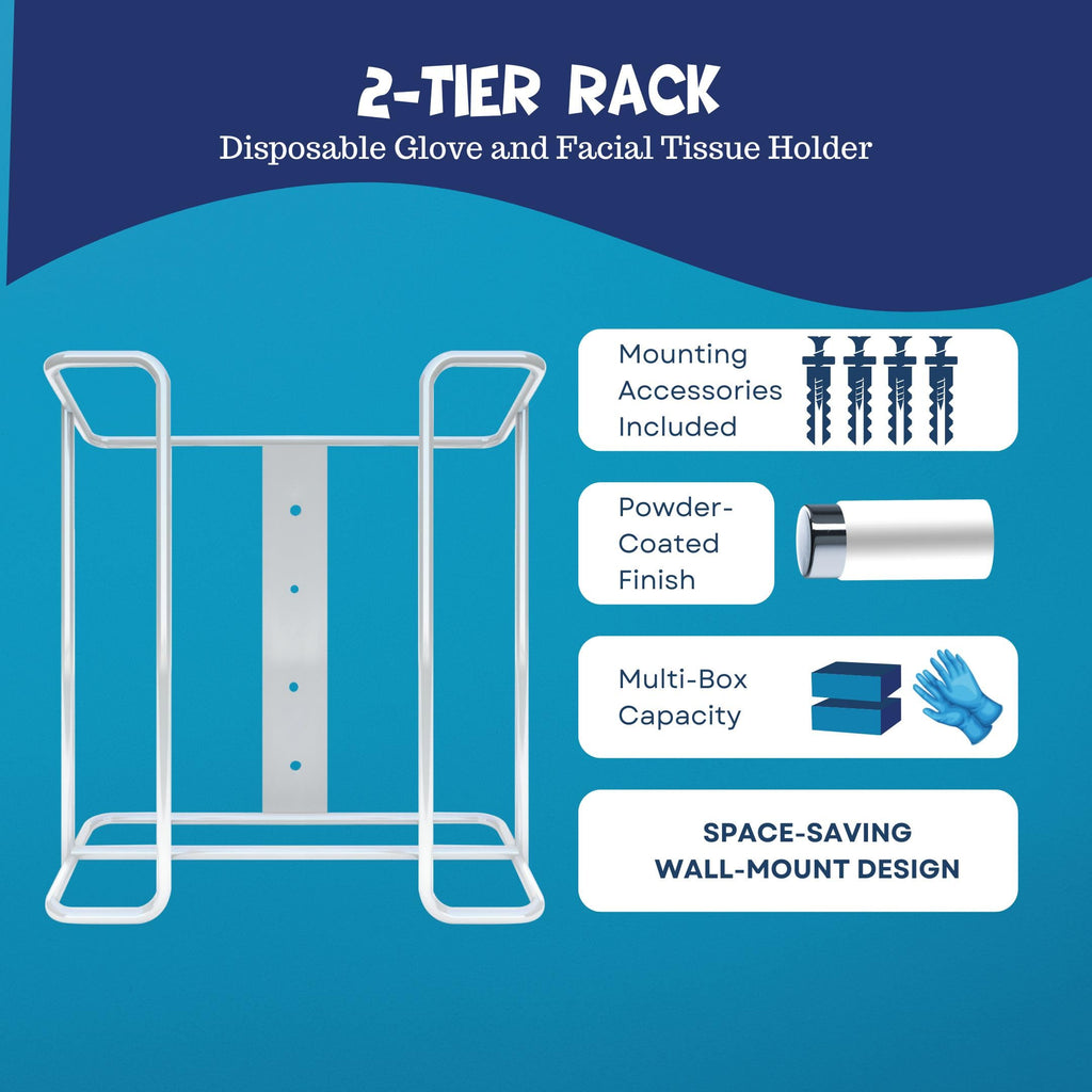 Glove Box Holder Wall Mount Dispenser for 2 Boxes, Powder Coated Metal Rack for Disposable Gloves and Tissue, Organizer for Kitchen, Lab, Garage, Hardware Included, White - Safety Supply Mart