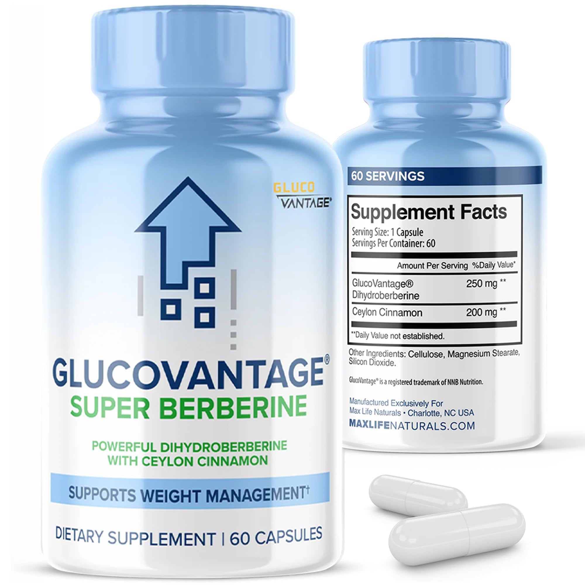 MAXLIFE NATURALS Dihydroberberine Glucovantage ® Super Berberine 250mg + Ceylon Cinnamon 200mg 60 Capsules – Cardiovascular & GLP-1 Health Supplement Patented Gluco Vantage
