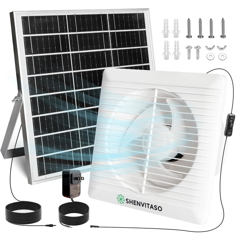 Solar Exhaust Fan with Power Adapter, 6 Inch Solar Powered Exhaust Ventilation Fan, Quiet Brushless Solar Vent Fan with 25W Solar Panel, Anti‑Backflow Valve for Chicken Coop, Shed, Greenhouse
