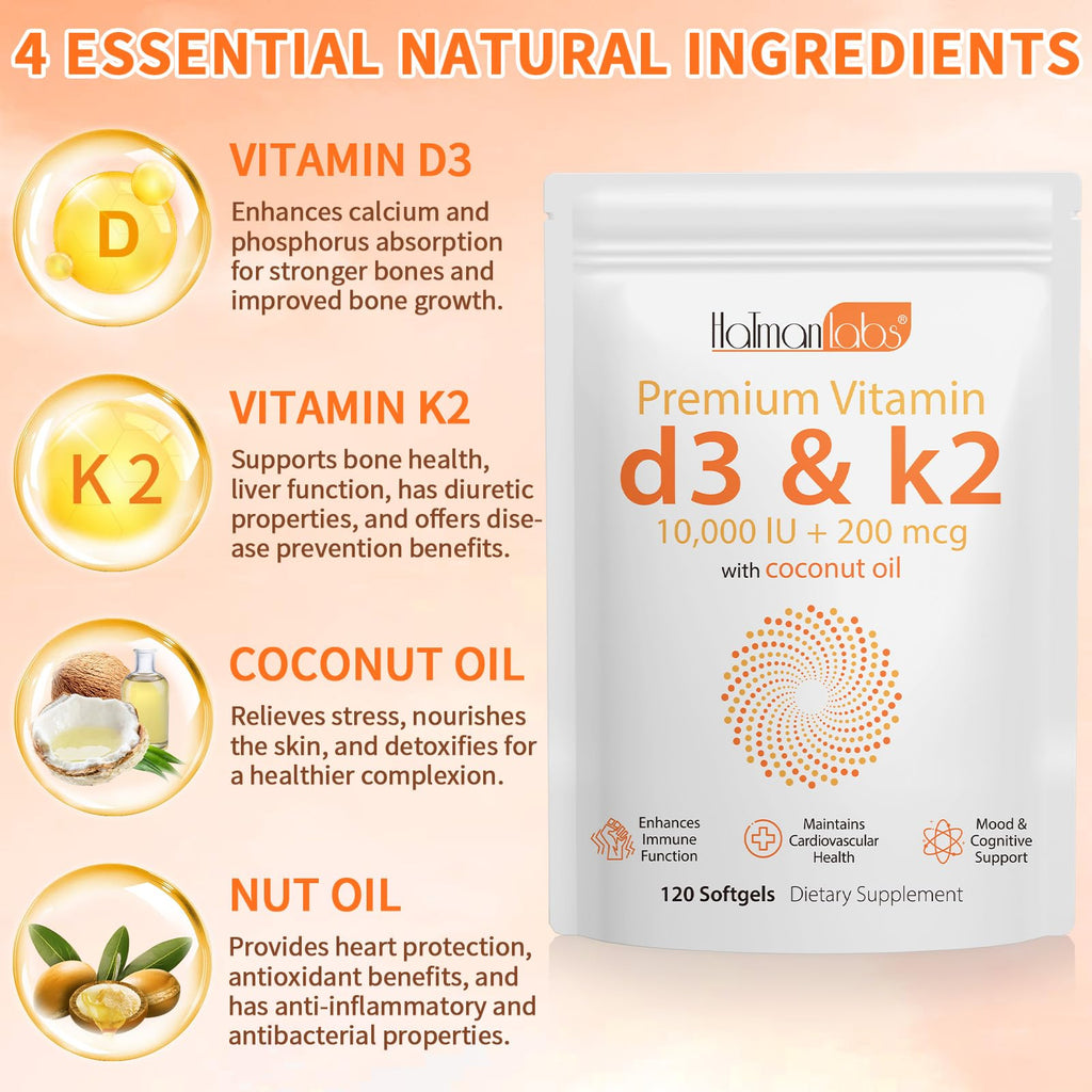 MXCZBSM 2 Bag Vitamin D3 K2 Supplement Softgel, Vitamin D3 K2 Softgel with 10000 IU Supports Immune, Heart, Teeth & Bone Health, Free of GMO, Gluten, Soy