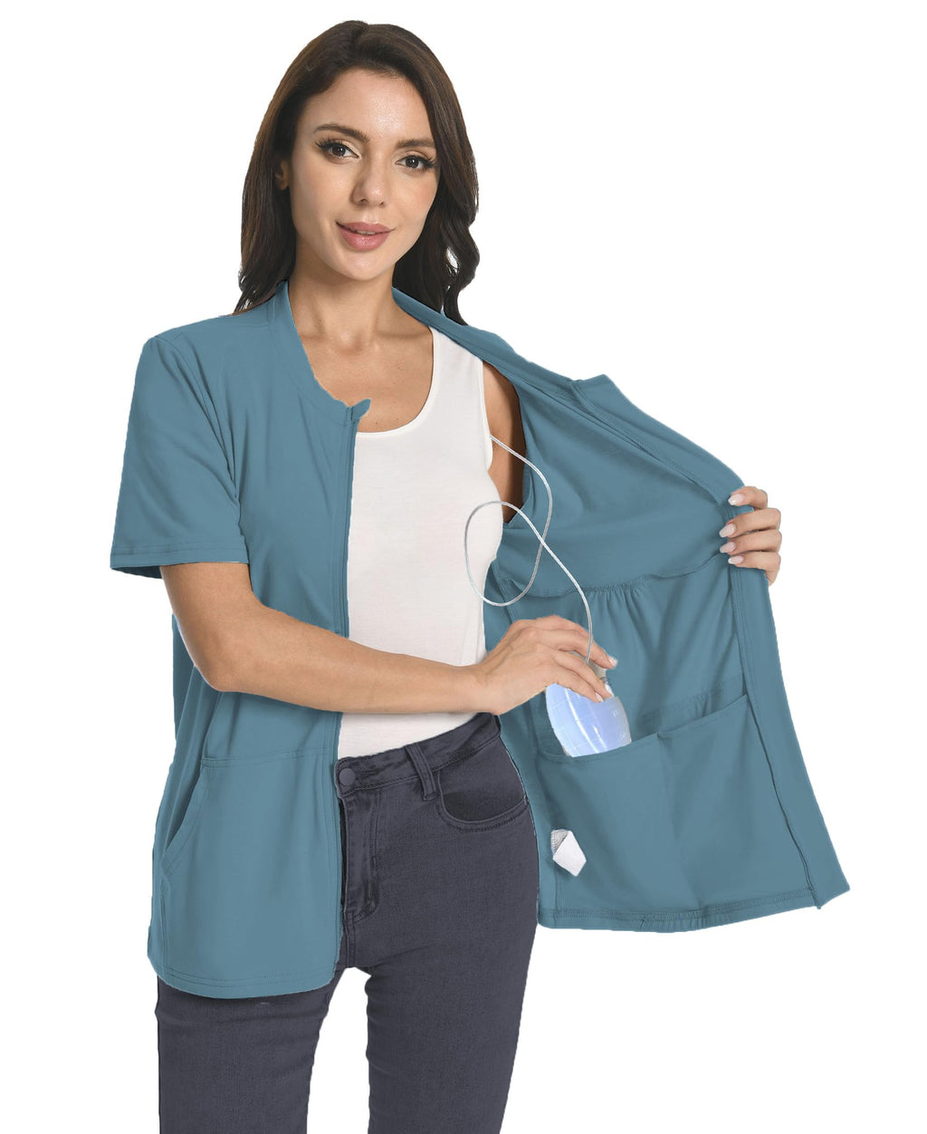 Mastectomy Shirt with Drain Pockets Breast Mastectomy Recovery Supplies Nephrostomy Drain Bag Tummy Tuck Must Haves Clothing Comfy Post OP Camisoles After Mastectomy Short Sleeve Shirts Peacock Blue
