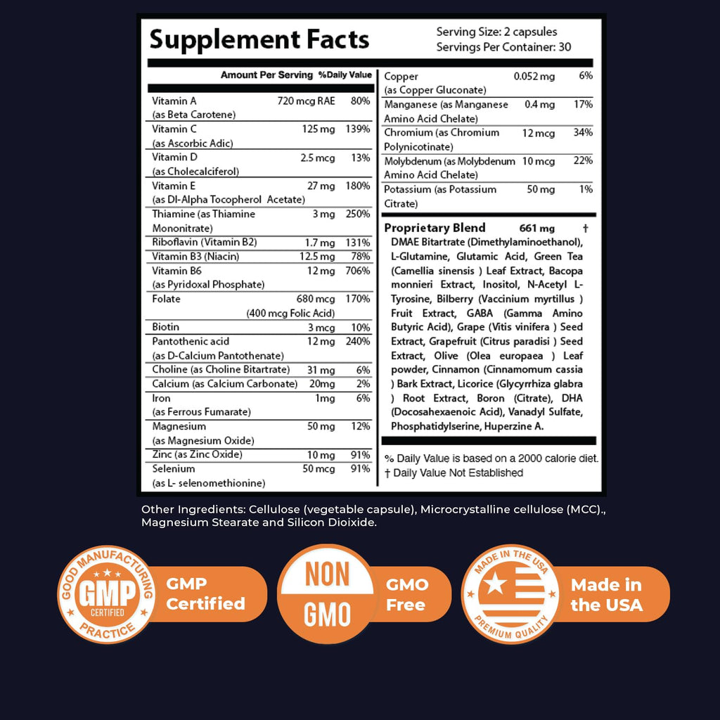 Memory Lift Capsules – Natural Daily Supplement with Vitamins A, C, D, E, B-Complex, Biotin & Choline – Made in USA, GMP-Certified, Non-GMO, Vegetarian – 60 Capsules, 6 Month Supply