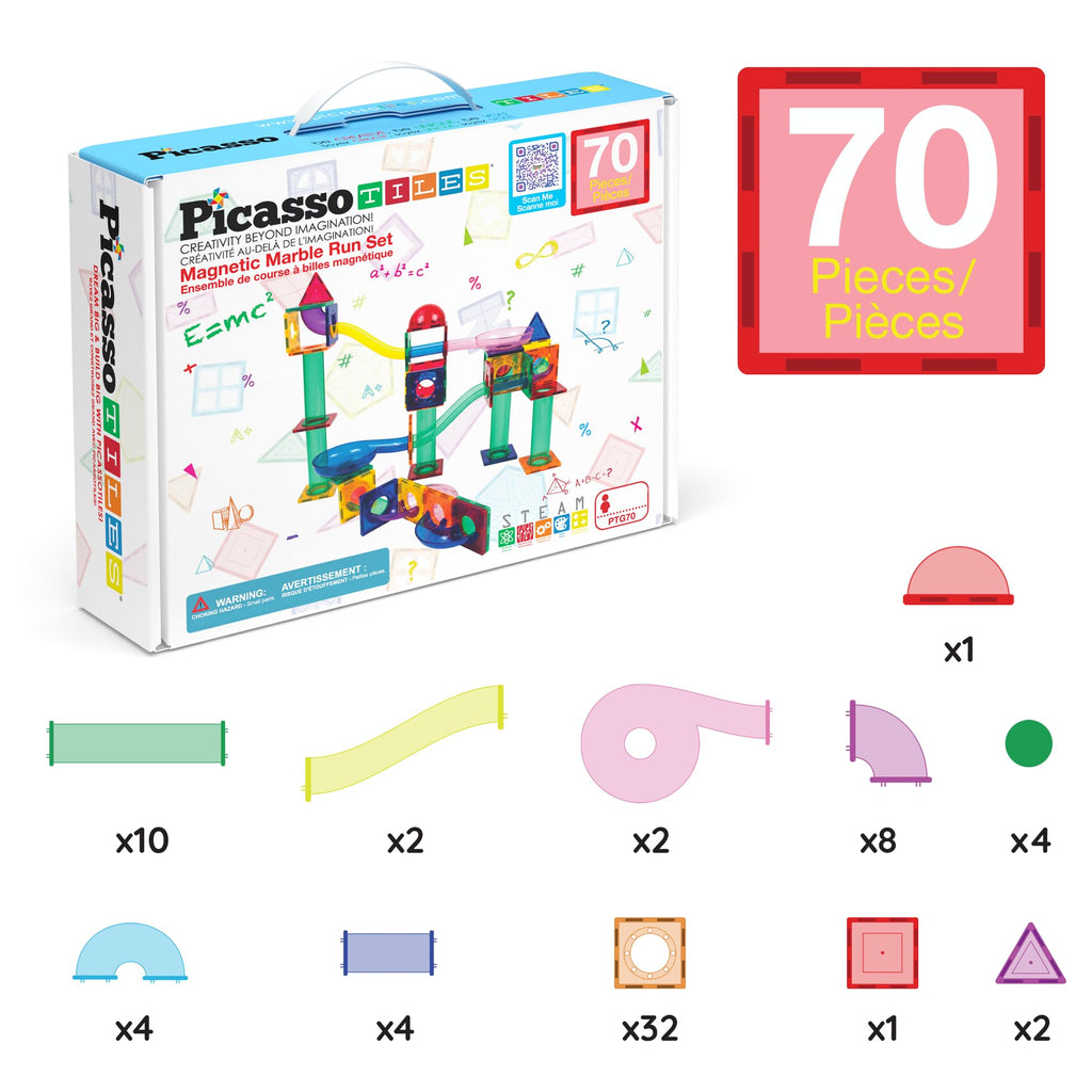 PicassoTiles 70pc Marble Run Magnetic Tiles STEM Set for Kids Ages 3 and Older Magnet Tile Marbles Maze Building Blocks Brain Development Toy Preschool Educational Learning Construction Playset PTG70