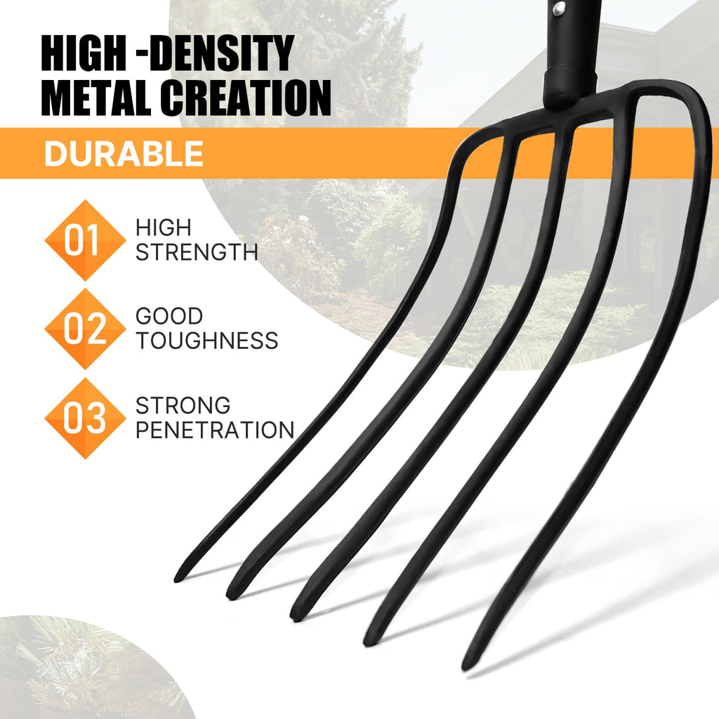 KOLEIYA 5-Tine Pitchfork for Gardening, 57-Inch Heavy Duty Garden Fork with Orange Fiberglass Handle for Compost, Mulch and Manure