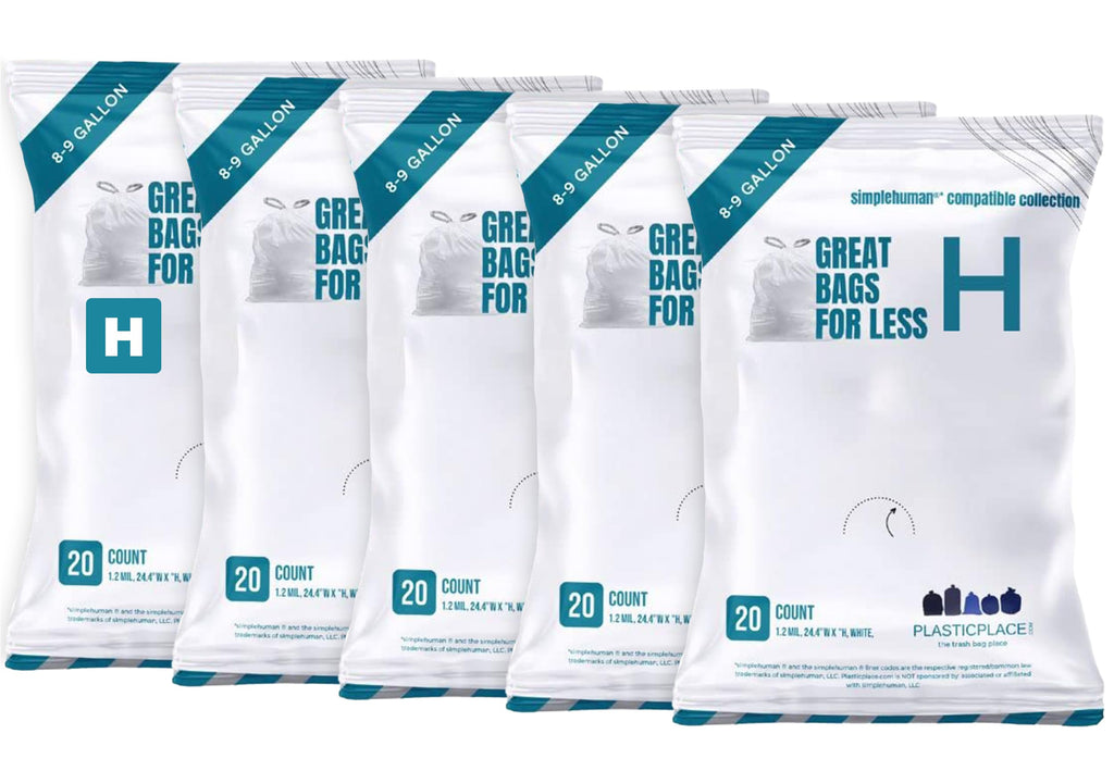 Plasticplace Custom Fit Trash Bags, Compatible with simplehuman Code H Packs, White Drawstring Garbage Liners 8-9 Gallon, 18.5'' x 28'' (20 Count/5 Pack)