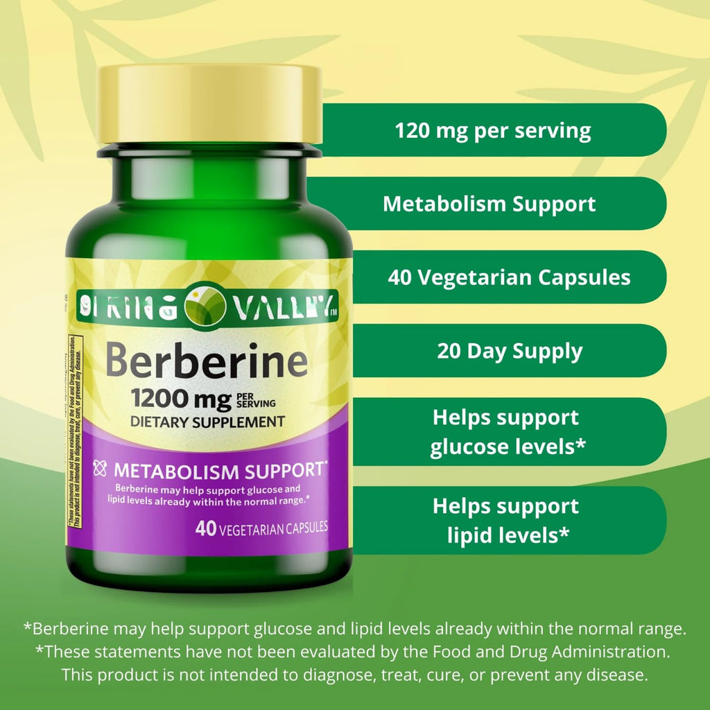 Berberine Herbal Supplement, 1200 mg, 40 Vegetarian Capsules, Pack 1