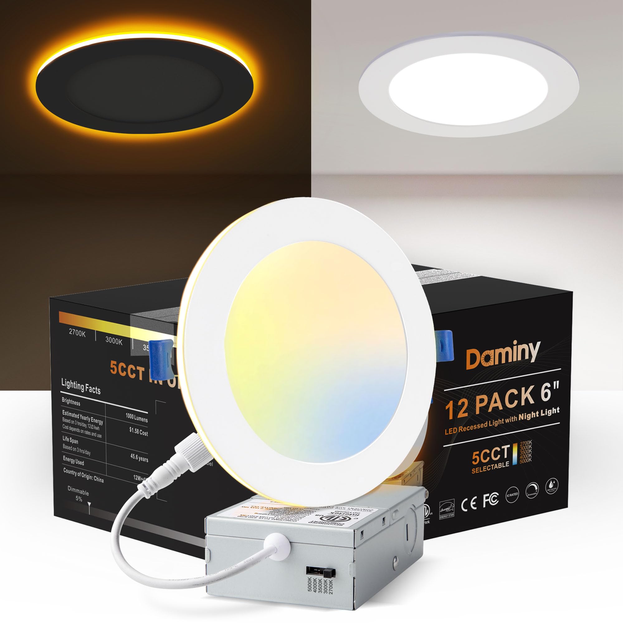 DAMINY 12 Pack 6 Inch 5CCT LED Recessed Light with Night Light,Ultra-Thin,Canless recessed Lighting 6 in,12W=110W,1000LM,Dimmable Wafer Lights,ETL Certificated