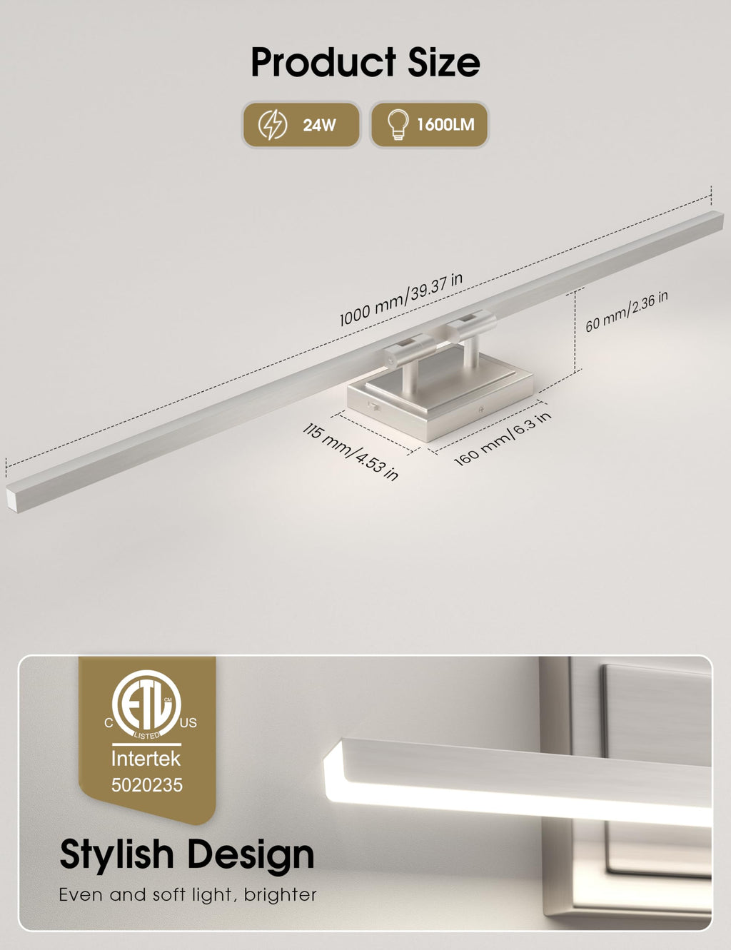 VOLISUN Modern Bathroom Vanity Light 39.4 inch, Rotatable, 24W Dimmable 5CCT Led Bathroom Light Fixture Over Mirror, Brushed Nickel Bar Vanity Light for Bathroom Mirror Cabinets-ETL Certificated