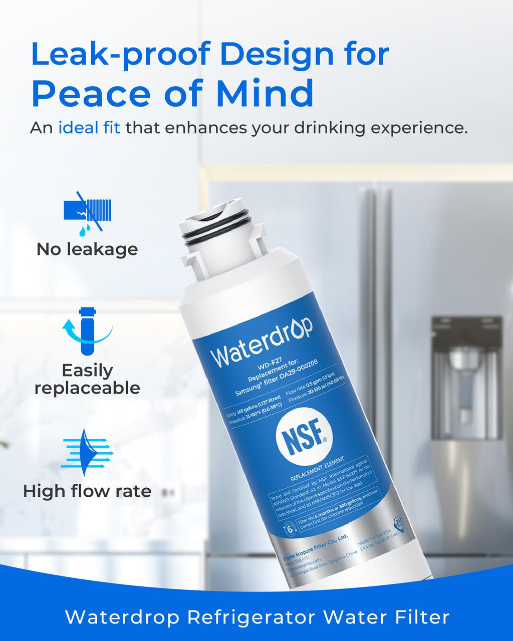 Waterdrop DA29-00020B Refrigerator Water Filter, Replacement for Samsung® HAF-CIN/EXP, DA29-00020A/B, DA29-00020B-1, RF263BEAESR, RF28HMEDBSR, RF263TEAESG, RF4287HARS, 3 Filters