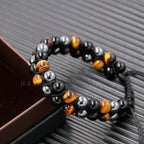 HASKARE Triple Protection Bracelet for Men - Genuine Tigers Eye Black Obsidian Hematite 8mm Natural Stone Beads Stretchy Healing Crystal Jewelry, Anxiety Relief Energy, Ideal for Dad Husband Christmas Birthday