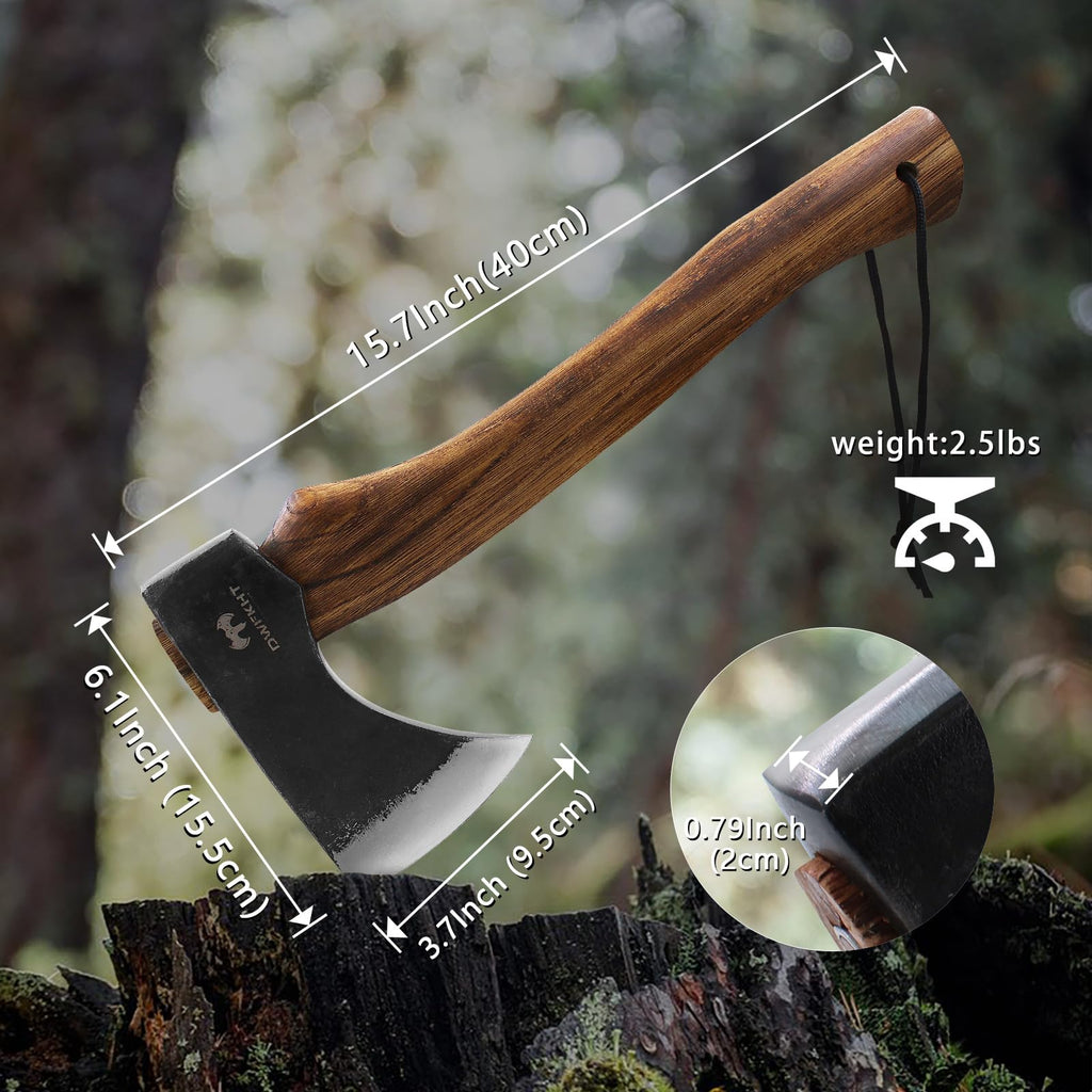 DWFKHT 15.7" Hatchet, Camping Hatchet, Hand-Forged Axe with Sheath for Wood Chopping, Splitting, and Carving, Bushcraft Axe with Beech Handle for Outdoor Survival and Garden Work