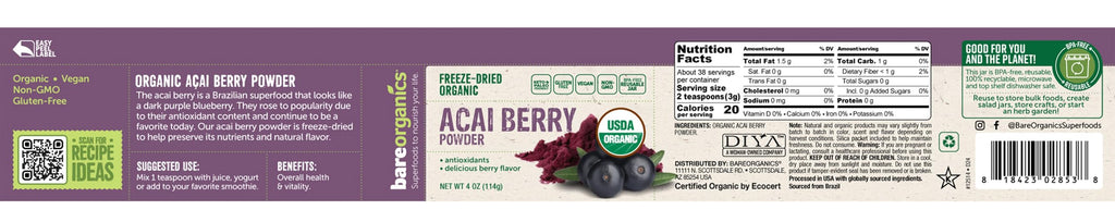 BareOrganics Acai Powder - Superfood Powder, Organic Freeze Dried Acai Berry Powder, 4 Oz