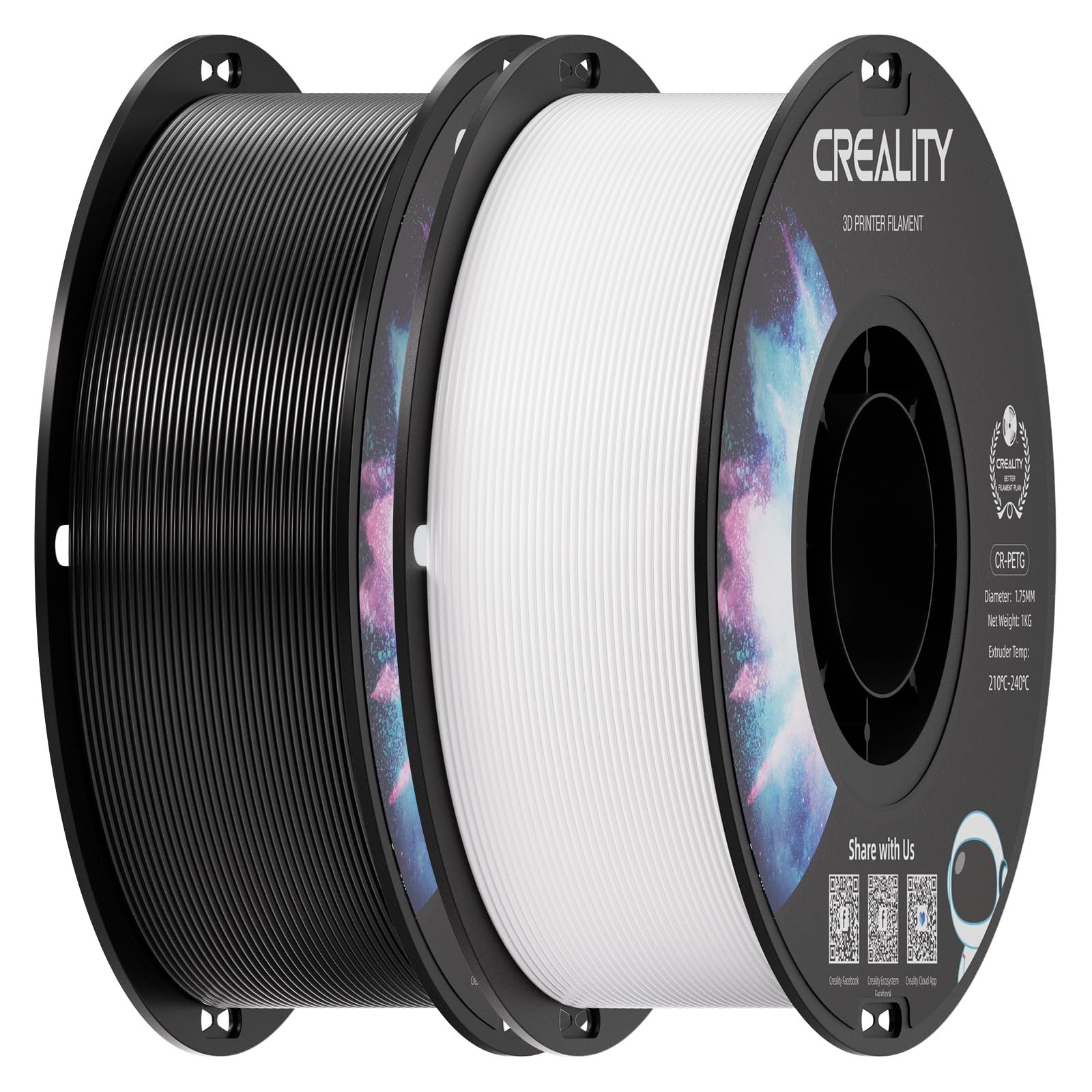 Creality 2 kg Black & White PETG 1.75mm Filament, 3D Printer Filament Bundle, Excellent Toughness High Precision, Odorless Non-Toxic Moistureproof, Glossy, Accuracy +/- 0.02mm