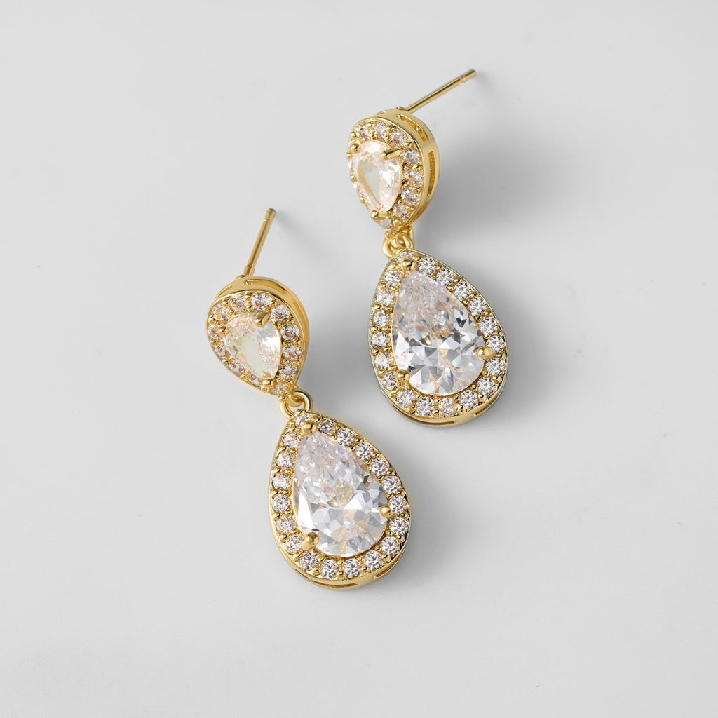 SWEETV Cubic Zirconia Teardrop Bridal Earrings, Rhinestone Dangle Earrings for Wedding Prom Anniversary (Gold)