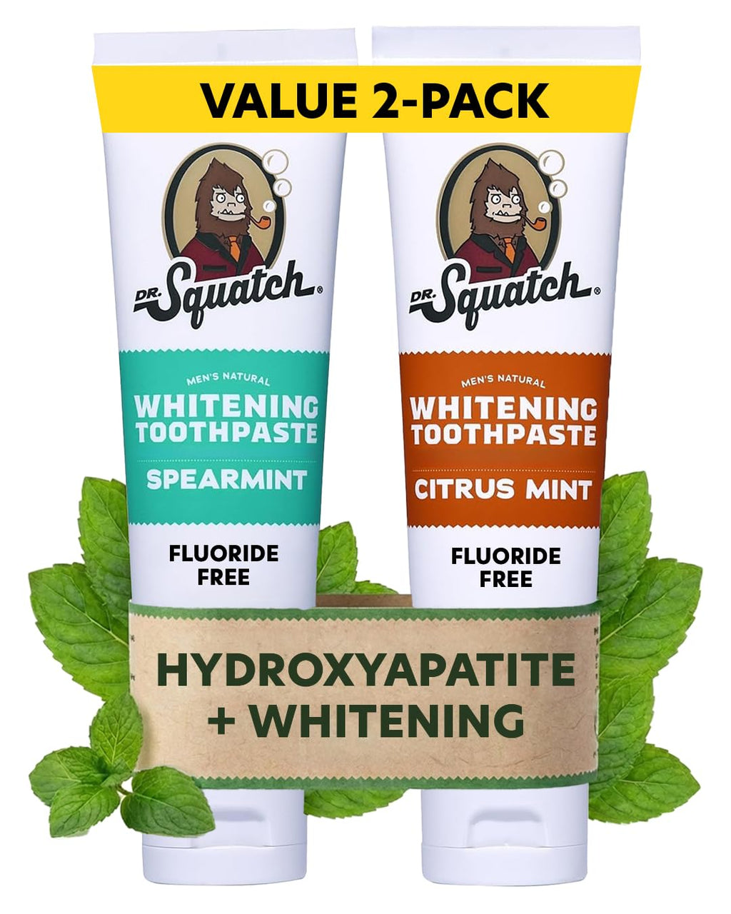 Dr. Squatch Hydroxyapatite Toothpaste Whitening - Natural, Fluoride-Free Toothpaste - Enamel Support - Day & Night Set - Citrus Mint & Spearmint, (4.7 oz, 2-Pack)