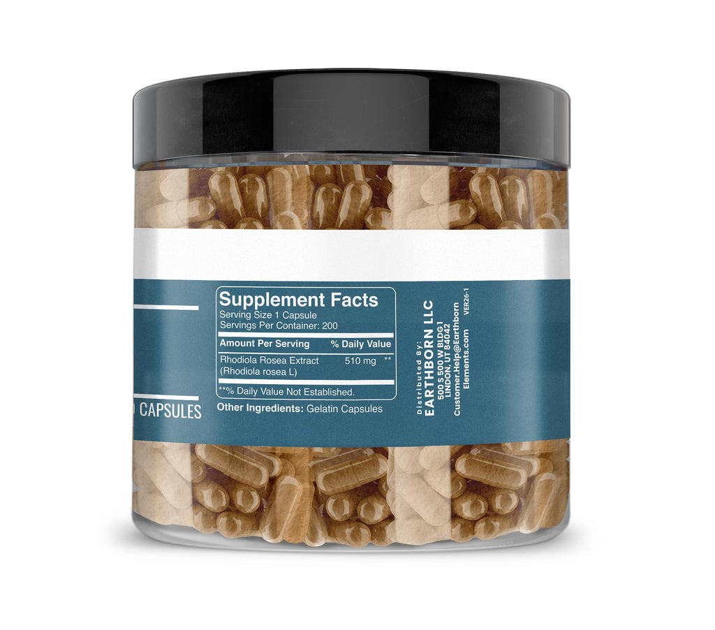 Earthborn Elements Rhodiola Rosea Root Extract 200 Capsules, Pure & Undiluted, No Additives