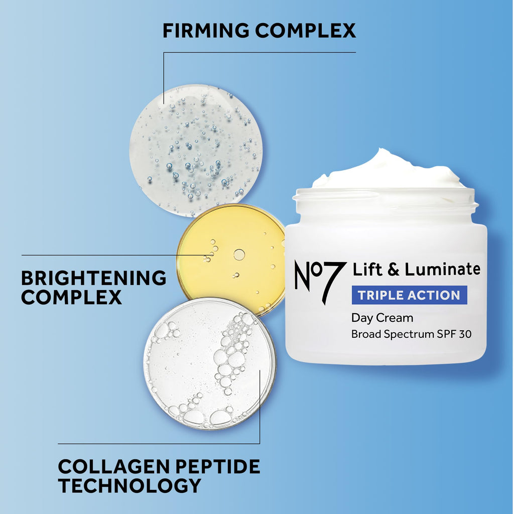 No7 Lift & Luminate Triple Action Face Cream - Fragrance Free Face Moisturizer with SPF 30 - Formulated with Anti Aging Collagen Peptides & Brightening Complex (1.69 Oz)