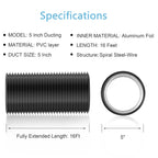 Hon&Guan 5 Inch Air Duct - 16 FT Long,Fits Compatible 5-Inch Vent Openings Only, Black Vent Hose with 2 Clamps for Ventilation Systems