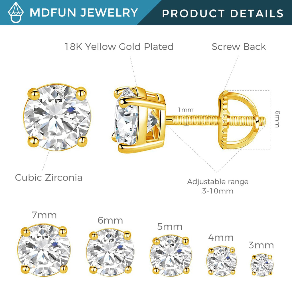 MDFUN Screw Back Stud Earrings for Women Men, 5 Pairs 3-7MM