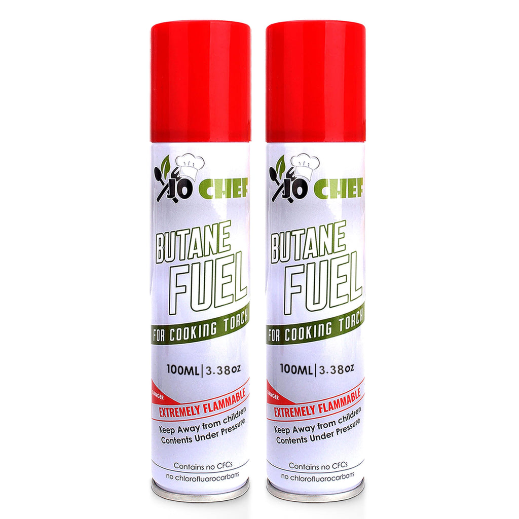 Jo Chef Butane Refill, Butane Torch Fuel Refill, Gas Lighter Fluid Refill Canister, Kitchen Blow Torch Fluid – Universal Tip – 2 Cans (3.38oz)