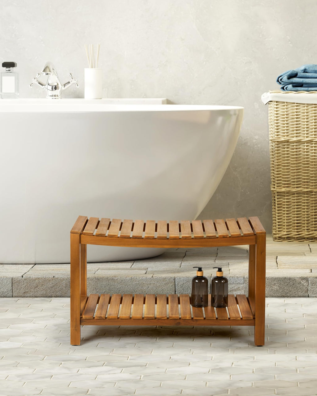 Upolana Teak Shower Bench, 32" Solid Wood Shower Stool for Inside Shower to Sit On, Wooden Bathroom Shower Seat Waterproof