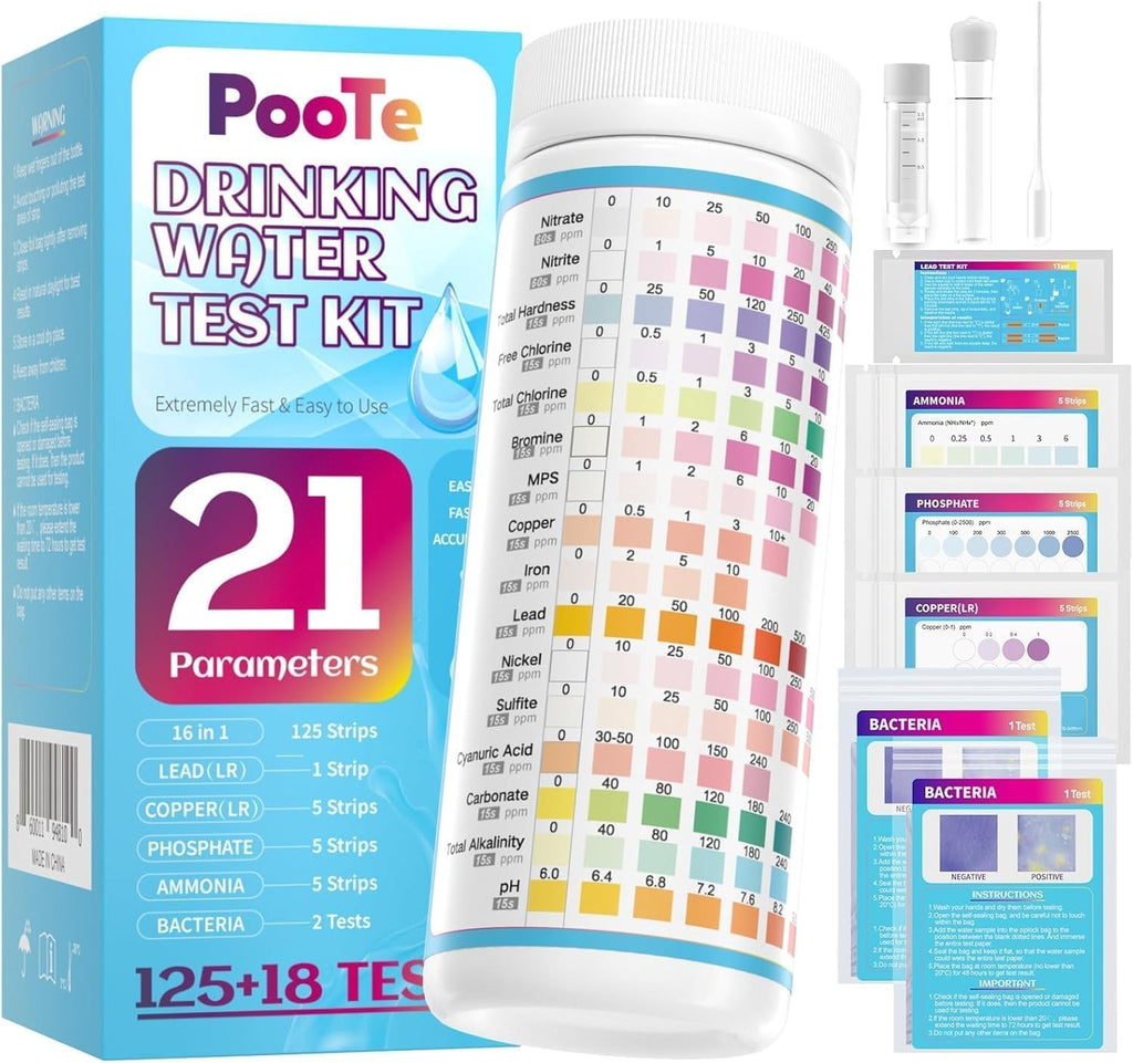 PooTe 21 in 1 Water Testing Kits for Drinking Water - Accurate Drinking Water Test Kit - Water Test Strips for House Water Well and Tap Water for pH Hardness Chlorine Lead Iron Bacteria & More