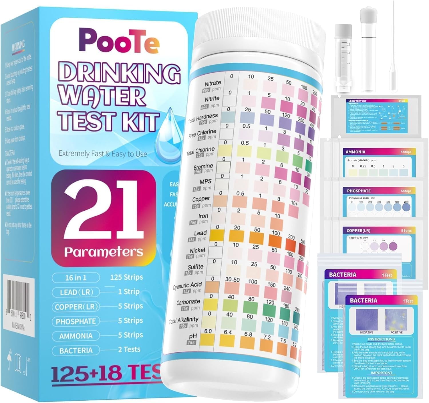 PooTe 21 in 1 Water Testing Kits for Drinking Water - Accurate Drinking Water Test Kit - Water Test Strips for House Water Well and Tap Water for pH Hardness Chlorine Lead Iron Bacteria & More
