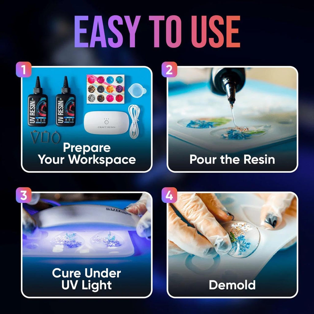 CRAFT RESIN 300g UV Resin Kit Hard Type Low Viscosity – Crystal Clear and No-Yellowing UV Resin Glue for DIY, Jewelry Making, Molds Casting and Polymer Clay Projects - Fast Cure Under UV Light