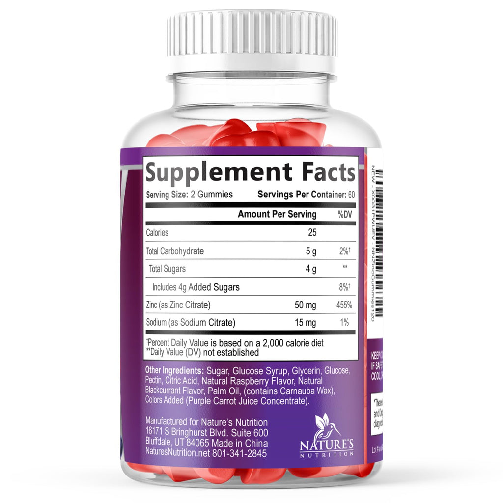 Zinc Gummies 50mg Per Serving - Immune Skin & Bone Support Health Gummy - Premium Antioxidant Chewable, High Absorption Vegan, Best Zinc Supplements Vitamin for Adults, Tasty Berry Flavor, 120 Gummies
