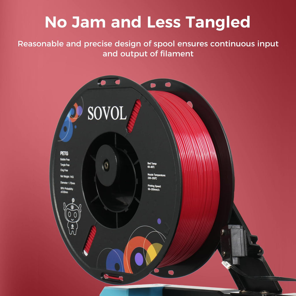 Sovol 3D Printer PETG Filament 1.75mm 1KG (2.2lbs), High Precision, Strong Toughness, Wiring Tightness, Dimensional Accuracy +/- 0.03 mm, 3D Printing PETG Filaments, Red