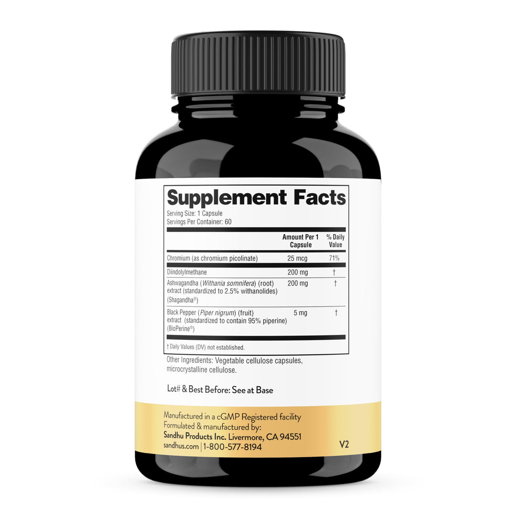 Sandhu's DIM Supplement 200 mg - 60 Capsules - Diindolymethane with Ashwagandha & Bioperine Hormone Balance for Women & Men, Hormonal Acne Supplements