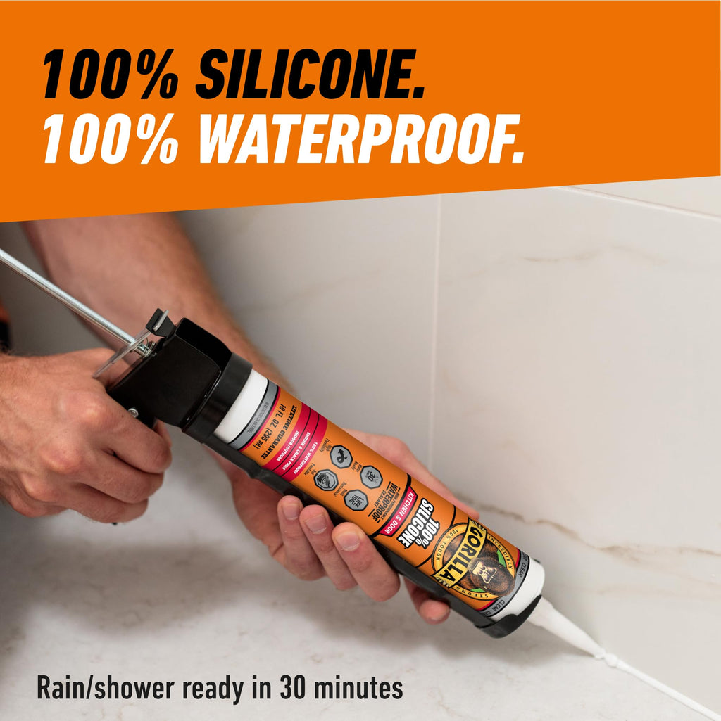 Gorilla 100% Silicone Caulk, Kitchen & Bath Sealant, 10oz Cartridge, Clear