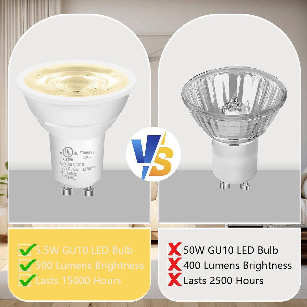 DAYBETTER GU10 LED Light Bulbs, Dimmable GU10 Bulb Replacement for Track Lighting, 5.5w Equivalent 50W, 500 LM Soft White 3000K, MR16 LED Bulb for Kitchen, Range Hood, Living Room, 6 Pack