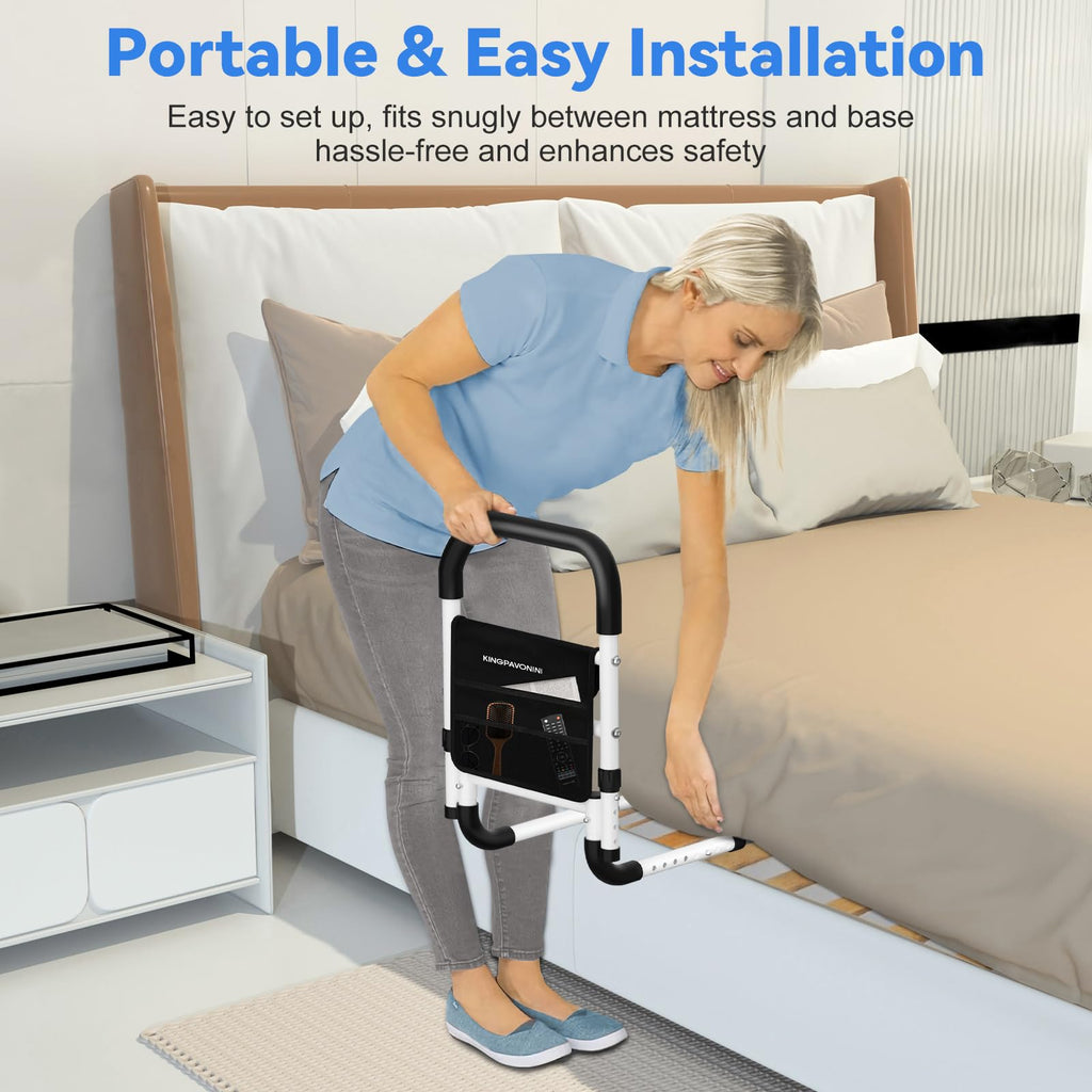 KingPavonini Bed Rails for Elderly Adults Safety - Adjustable Bed Cane with Non-Slip Ergonomic Handle and Storage Pocket, Bed Railings for Seniors Hold up to 350 Lbs, Tool-Free Installation
