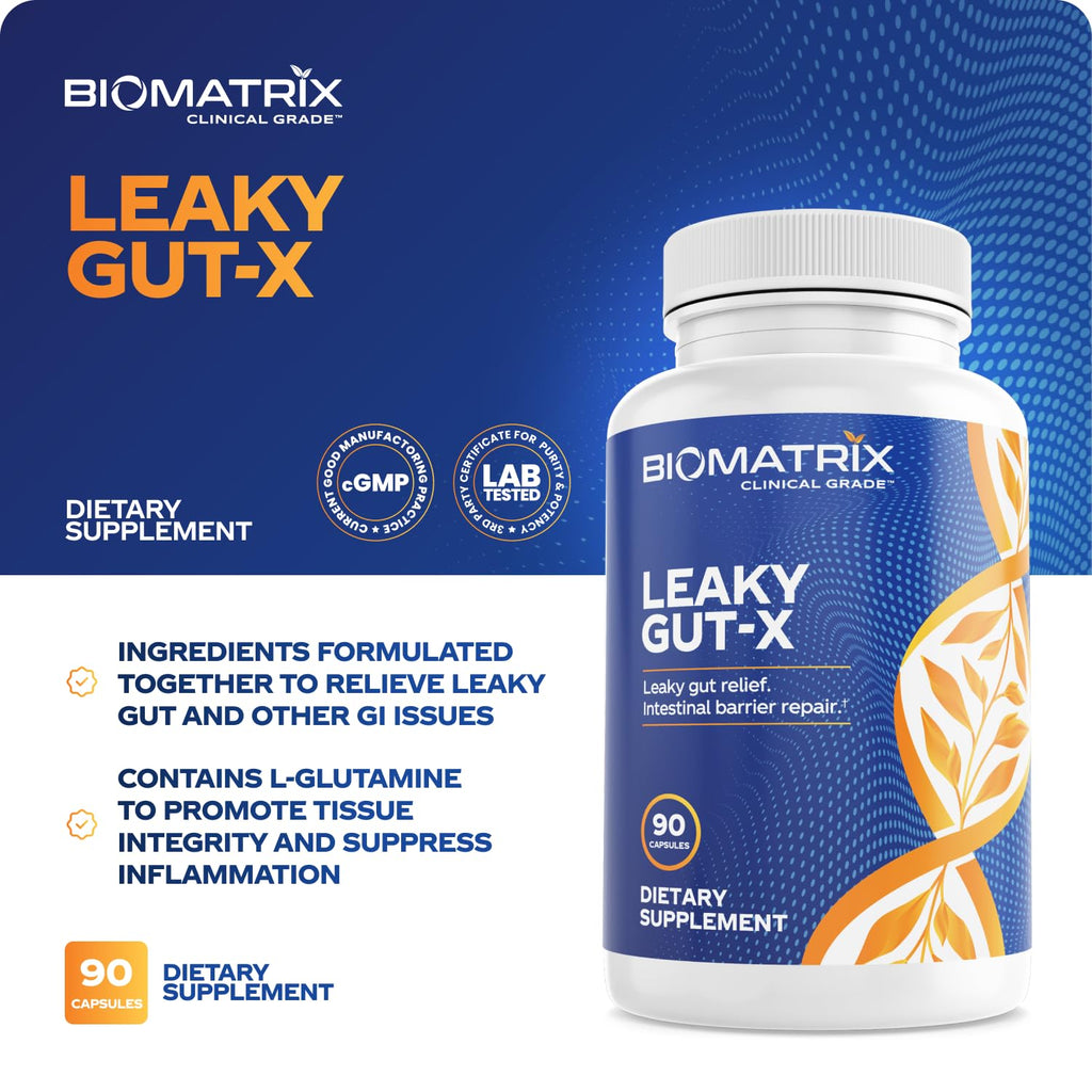 BioMatrix Leaky Gut Repair Supplement w/Glutamine, Quercetin, Cat's Claw, MSM, SIBO, Prebiotic Support, Intestinal Barrier Revive for Men and Women | 60-Day Supply – Leaky Gut-X