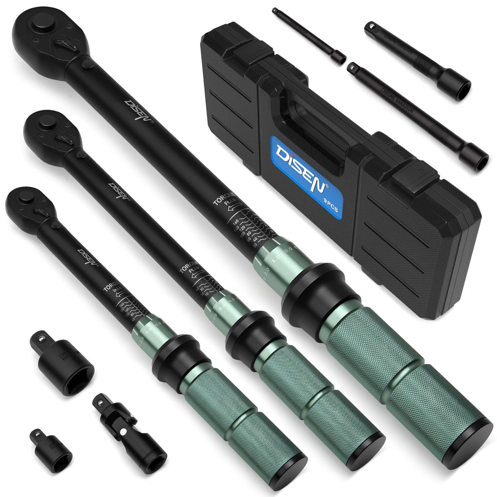 DISEN 9PCS Click Torque Wrench Set 1/4" 3/8" 1/2" Drive 20-220 In.lb, 5-45 Ft.lb, 10-170 Ft.lb with 6 Adapters, ±3% Accuracy, 72-Tooth, Dual Scale, Storage Case for Bike, Motorcycle, Car, Truck Repair