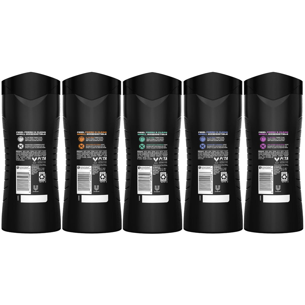 AXE Men's 3-in-1 Face, Body Wash & Shampoo Variety 5-Pack (Apollo, Dark Temptation, Black, Excite, Phoenix) 12 Hour Invigorating Scents, 16 Fl Oz Each