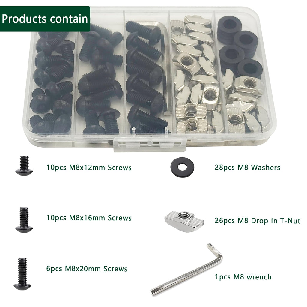 80 pcs M8 T Nut Screws Kit for 4040 4080 Aluminum Extrusion, 26 pcs Black M8x12/16/20mm Hexagon Socket Carbon Steel Screws and 26 pcs M8 Drop in T-Nuts, 28 Washers with Hex Wrench