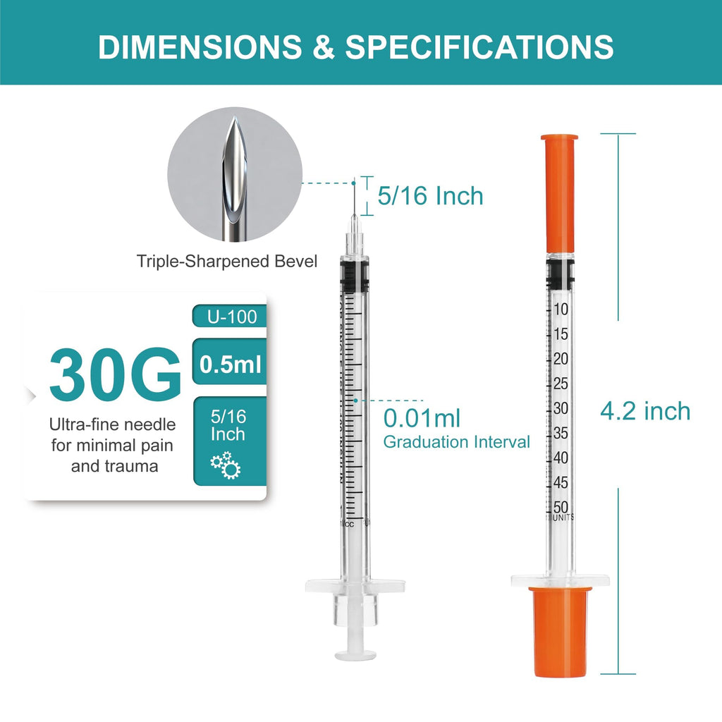 U-100 0.5ml syringes with 30G needle - 30 gauge 5/16 inch syringe