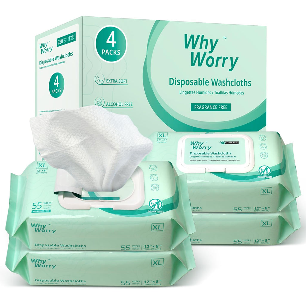 WhyWorry Wet Wipes for Adults, 8"x12" Extra Large Body Cleansing Wipes for Elderly & Incontinence, Extra Thick Adult Washcloths Disposable with Aloe & Vitamin E, Unscented, 220 Count (4 Packs of 55)