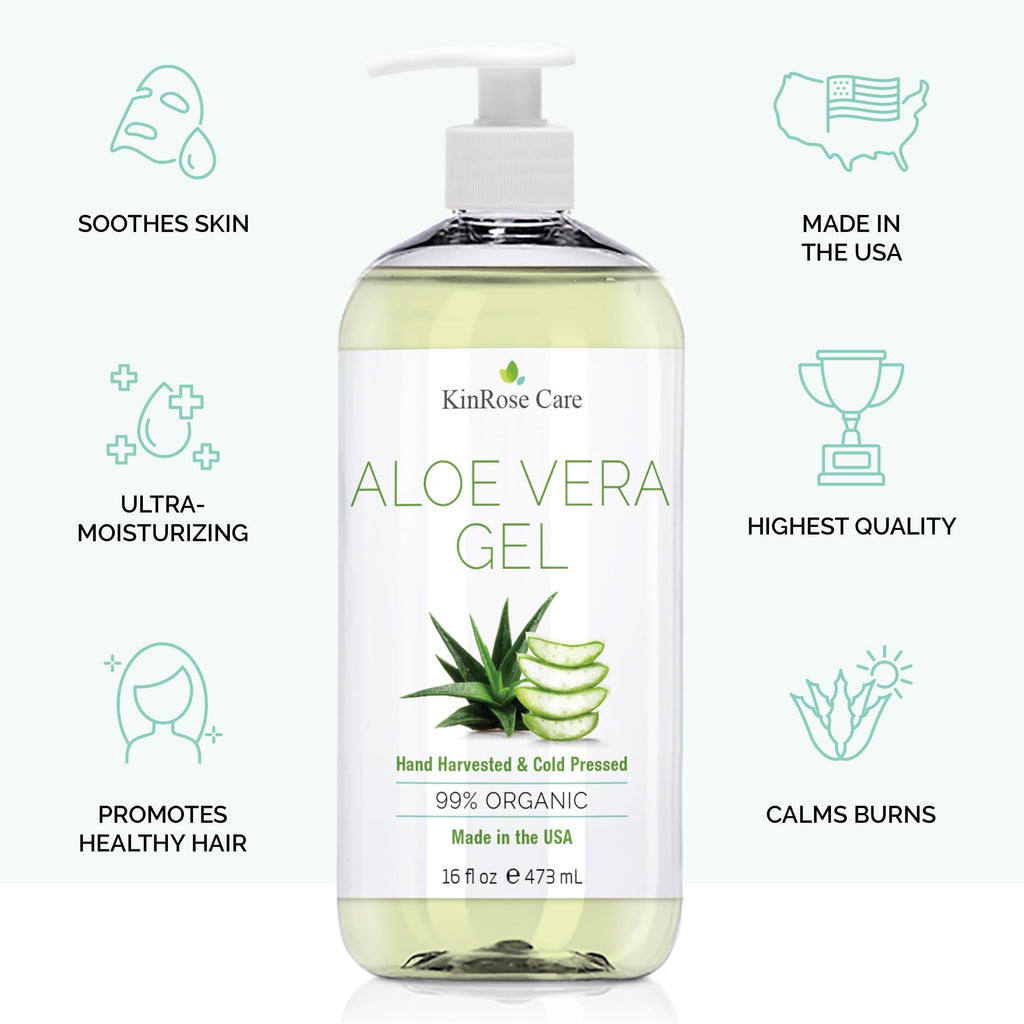 KinRose Care, 16oz Organic Aloe Vera Gel for Face, Skin, Hair & Sunburn Relief - From 100 Percent Pure Aloe Vera - Cold Pressed, Vegan, Unscented - Made in USA.