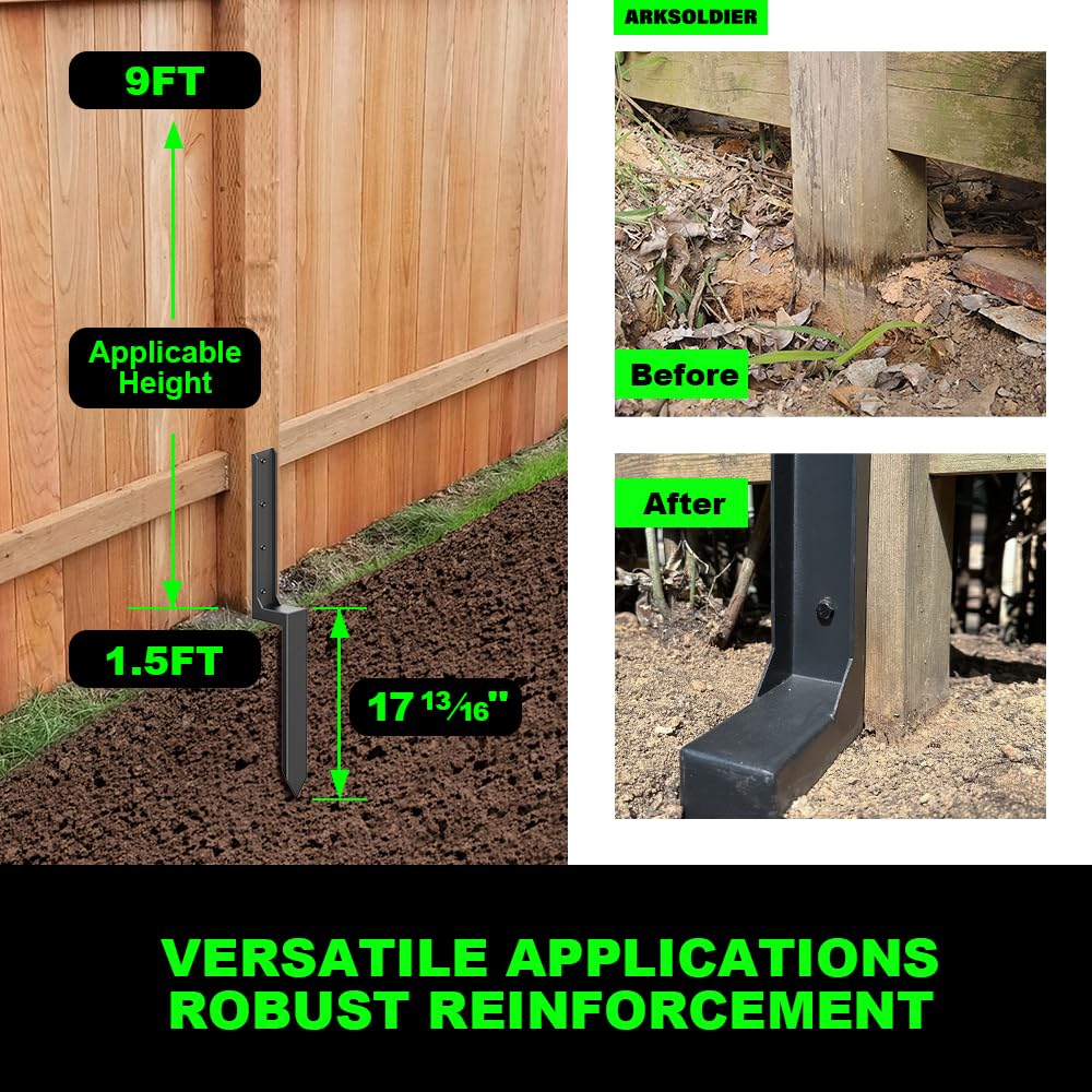ARKSOLDIER Fence Post Repair Kit - Quick Fix Broken/Leaning 4x4/6x6 Wood Posts Support with One-Piece Steel Anchor & Stakes (Thickened 11-Gauge, 2-Pack)