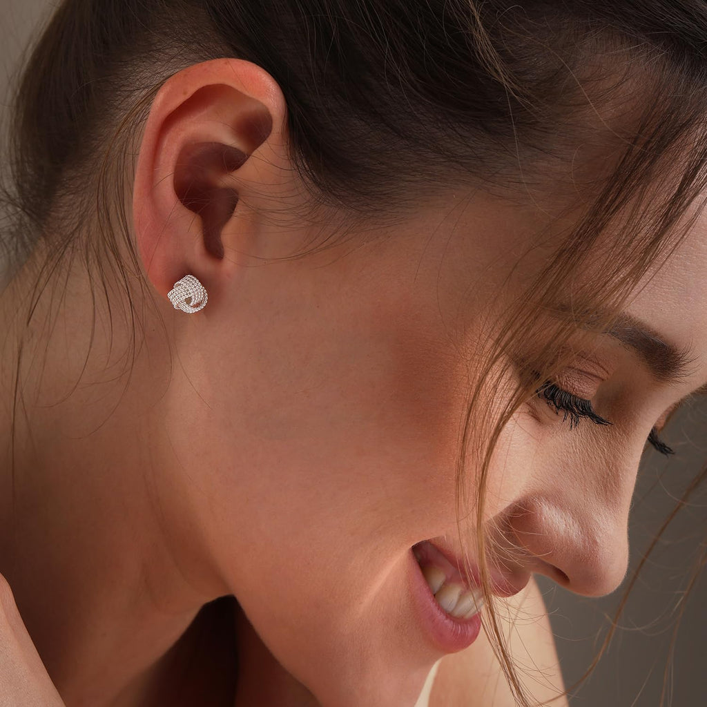 LeCalla Sterling Silver Knot Earrings Jewelry Italian Design Diamond-Cut Twisted Wire Love Knot Stud Earring for Women 10mm