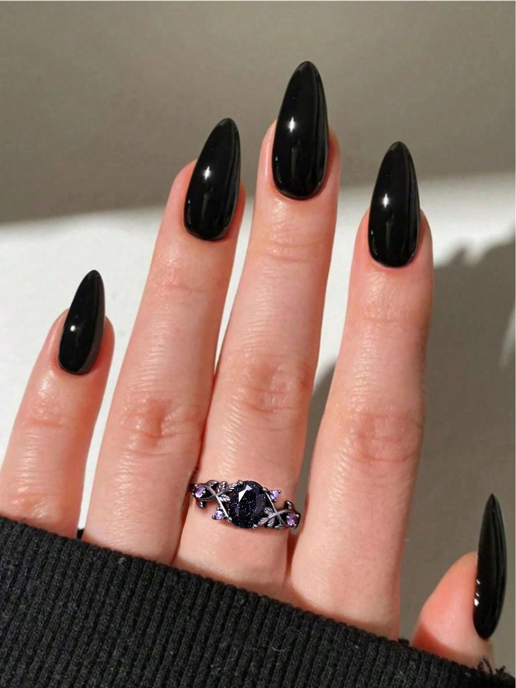 Blue Sandstone Gothic Leaf Ring for Women – 18K Black Gold Plated Vine Promise Statement Ring, Engagement Wedding Band Jewelry Gifts (7)