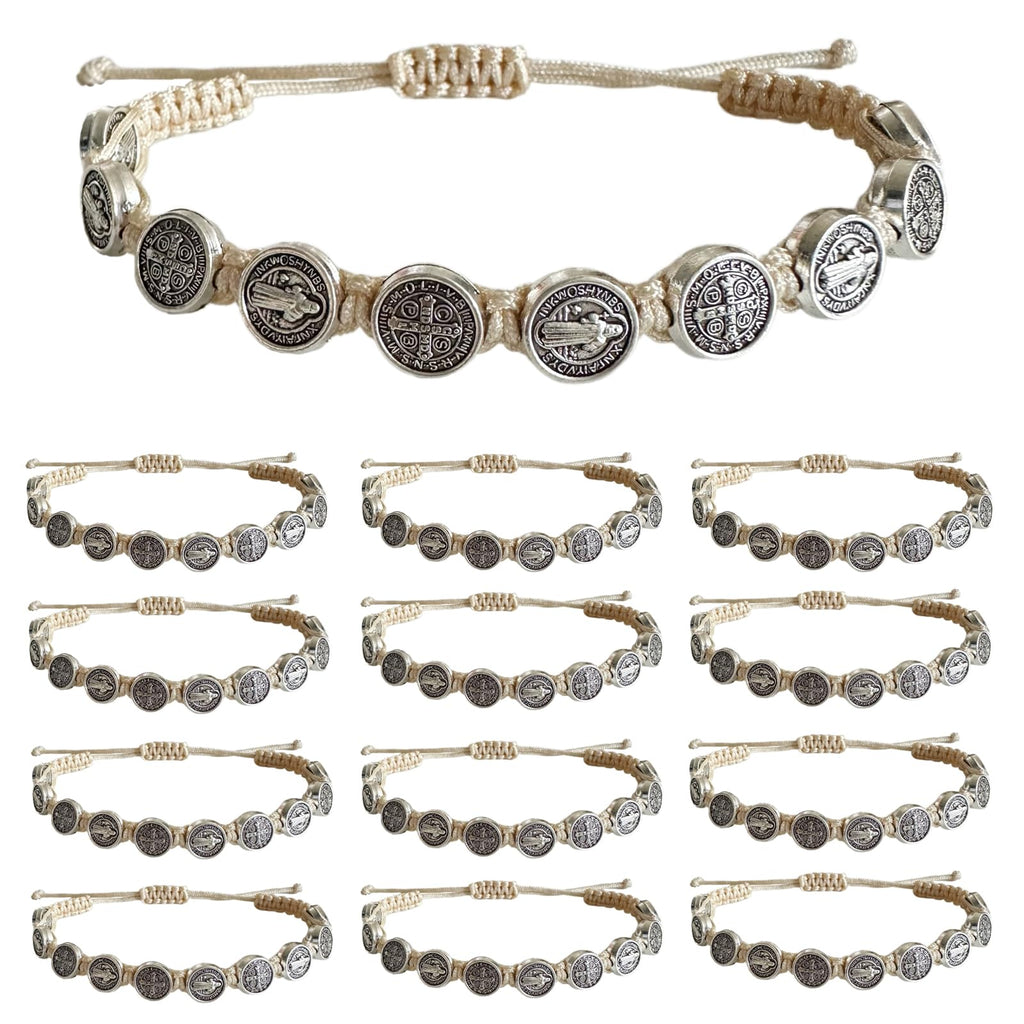 12pcs St Benedict Bracelets Nature Color String Saint Benedict Rosary Bracelet Medalla De San Benito Catholic Gift For Men Women (Nature Color)
