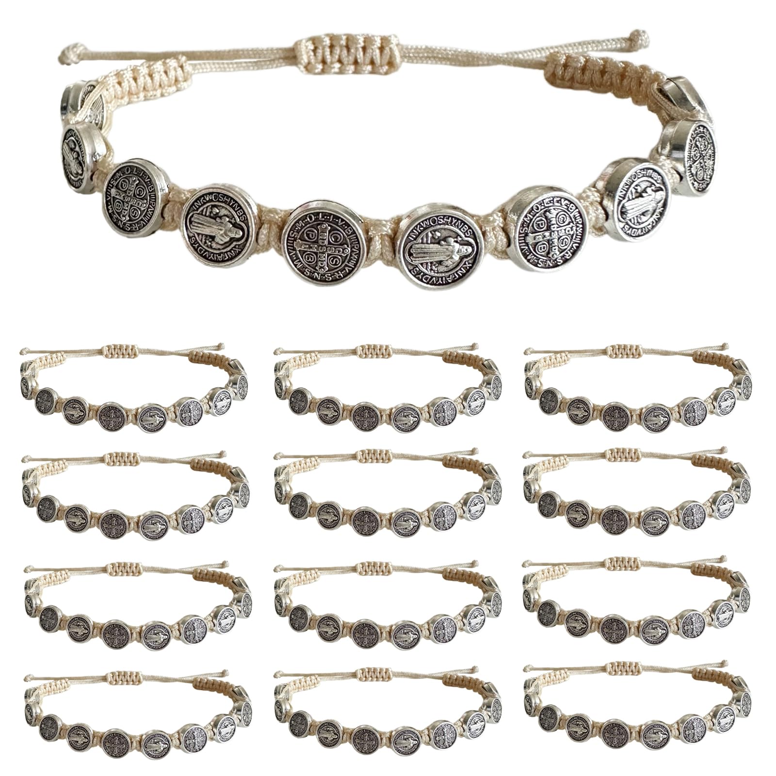 12pcs St Benedict Bracelets Nature Color String Saint Benedict Rosary Bracelet Medalla De San Benito Catholic Gift For Men Women (Nature Color)