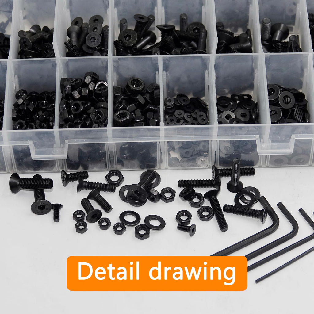 1715Pcs M2 M3 M4 M5 Screw Kit - 3D Printer Mini Screw, Allen Head/Flat Head/Countersunk Bolt/Screws, Metric Bolts Assortment, Black Nuts and Bolts for Mechanical Hardware