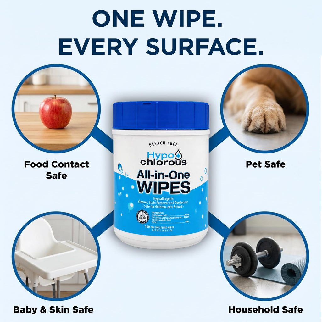 Hypo+Chlorous Hypochlorous Acid Wipes – 100 Count Non-Toxic Cleaner for Skin, Baby, Pet, Home & Gym – Bleach-Free