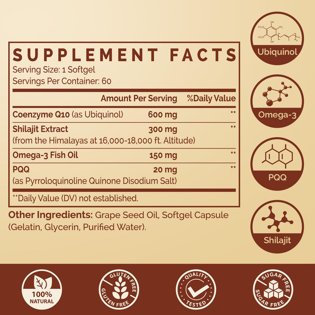 Ubiquinol CoQ10 600 MG Softgels with Omega-3 & Shilajit & PQQ, Advanced Dual-Delivery Coenzyme-Q10, Active CoQ10 Ubiquinol Supplement for Fertility, Antioxidant, Heart, Brain & Energy, 120 Servings